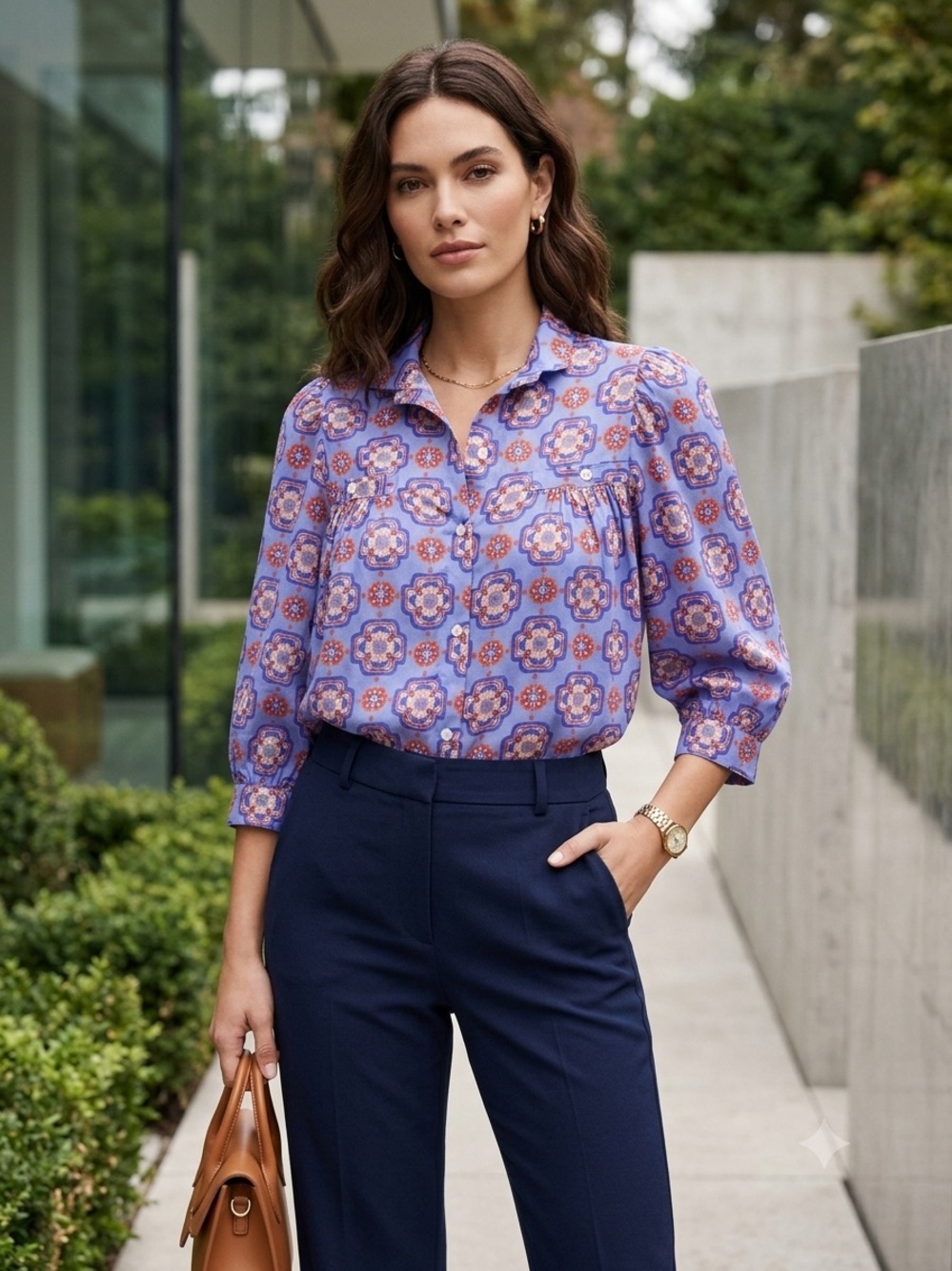 SMYTHE XS Iris Medallion Shirred Pocket Blouse Blue Tile Top - Picture 2 of 10